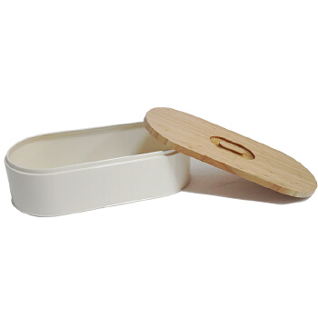 Vintage Oval White Color Coated Steel Bread Storage Box With Bamboo Lid 